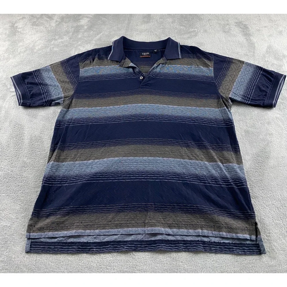 IZOD Golf Mens Blue Striped Textured Cotton Cool-FX Short Sleeve Polo Shirt M